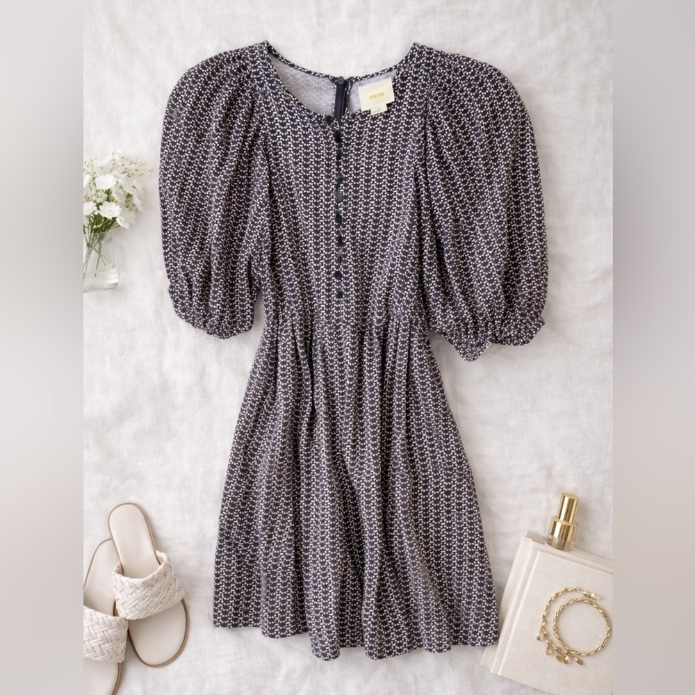 Anthropologie Maeve Polka Dot Linen/Cotton Blend Dress with Puff Sleeves, XS